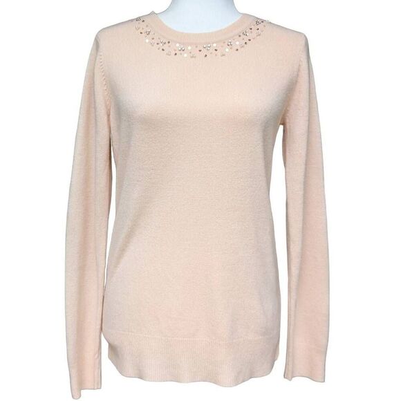 Basic Editions Light Coral Pink Sweater Pullover Embellished Crew Neck Size S - Picture 1 of 9